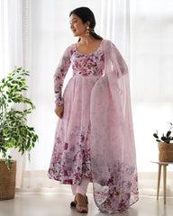 Sakura Printed Pure Soft Organza Baby Pink Anarkali Gown
