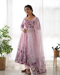 Sakura Printed Pure Soft Organza Baby Pink Anarkali Gown