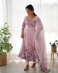 Sakura Printed Pure Soft Organza Baby Pink Anarkali Gown