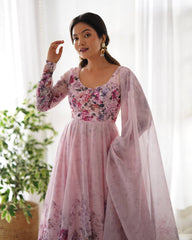 Sakura Printed Pure Soft Organza Baby Pink Anarkali Gown