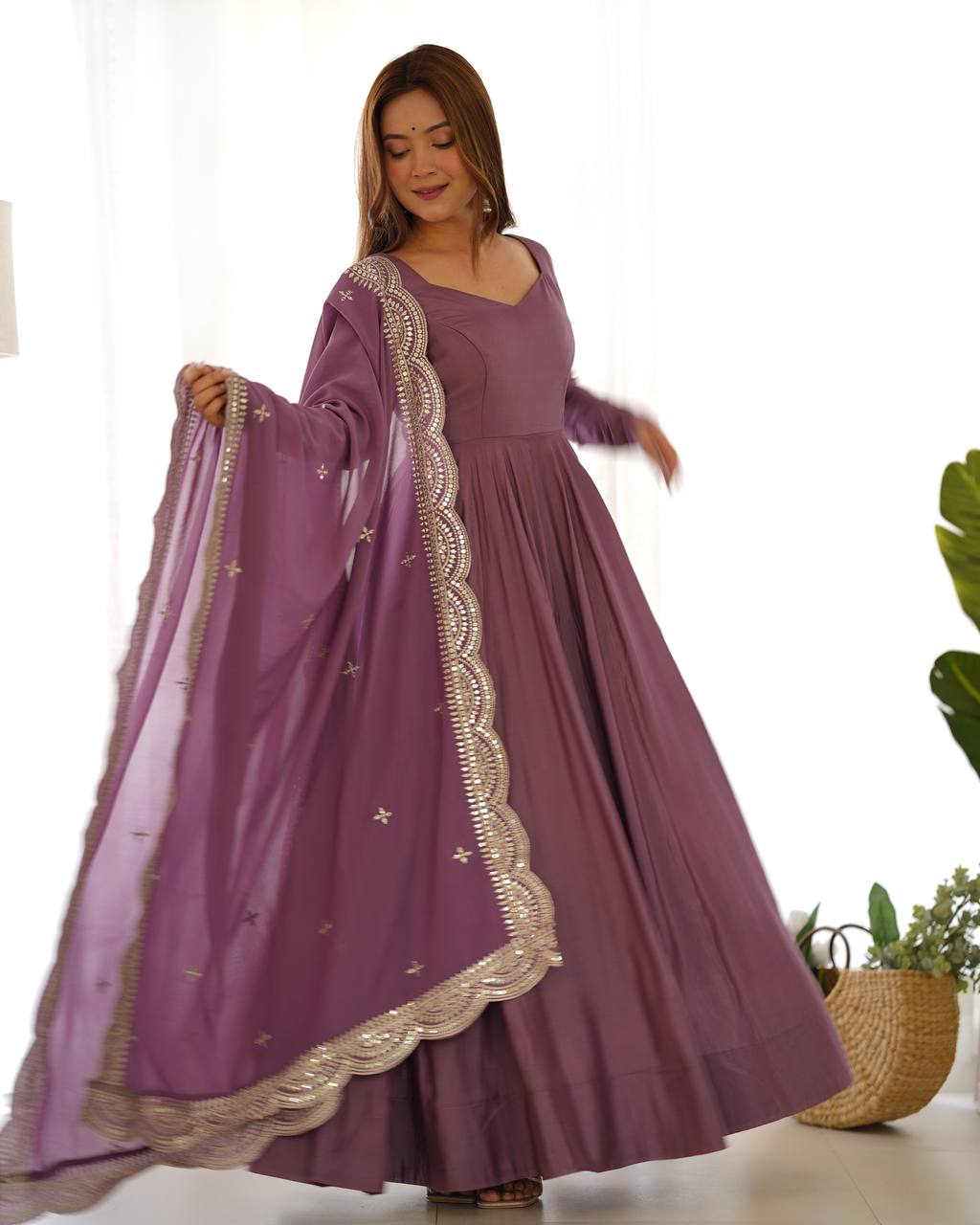 Divine Mauve Heavy Roman Silk Chanderi Anarkali Gown