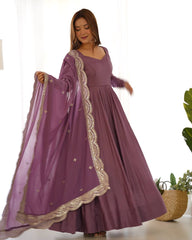 Divine Mauve Heavy Roman Silk Chanderi Anarkali Gown