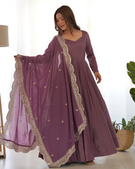 Divine Mauve Heavy Roman Silk Chanderi Anarkali Gown