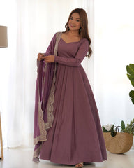 Divine Mauve Heavy Roman Silk Chanderi Anarkali Gown