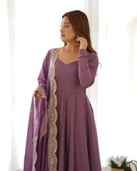 Divine Mauve Heavy Roman Silk Chanderi Anarkali Gown