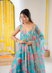 Turquoise Floral Bliss Georgette Anarkali Set