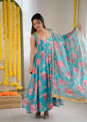 Turquoise Floral Bliss Georgette Anarkali Set