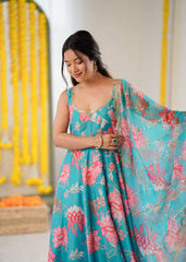 Turquoise Floral Bliss Georgette Anarkali Set