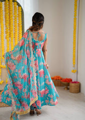 Turquoise Floral Bliss Georgette Anarkali Set