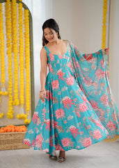 Turquoise Floral Bliss Georgette Anarkali Set