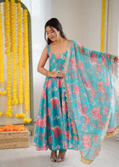 Turquoise Floral Bliss Georgette Anarkali Set