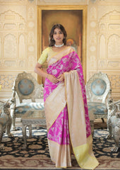 Royal Fuschia Pink Silver Jaquard Banarasi Saree