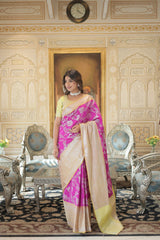 Royal Fuschia Pink Silver Jaquard Banarasi Saree