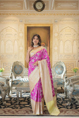 Royal Fuschia Pink Silver Jaquard Banarasi Saree