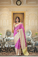 Royal Fuschia Pink Silver Jaquard Banarasi Saree