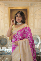 Royal Fuschia Pink Silver Jaquard Banarasi Saree