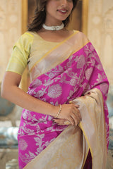 Royal Fuschia Pink Silver Jaquard Banarasi Saree