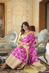 Royal Fuschia Pink Silver Jaquard Banarasi Saree