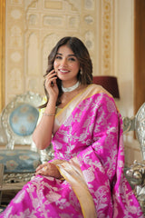 Royal Fuschia Pink Silver Jaquard Banarasi Saree