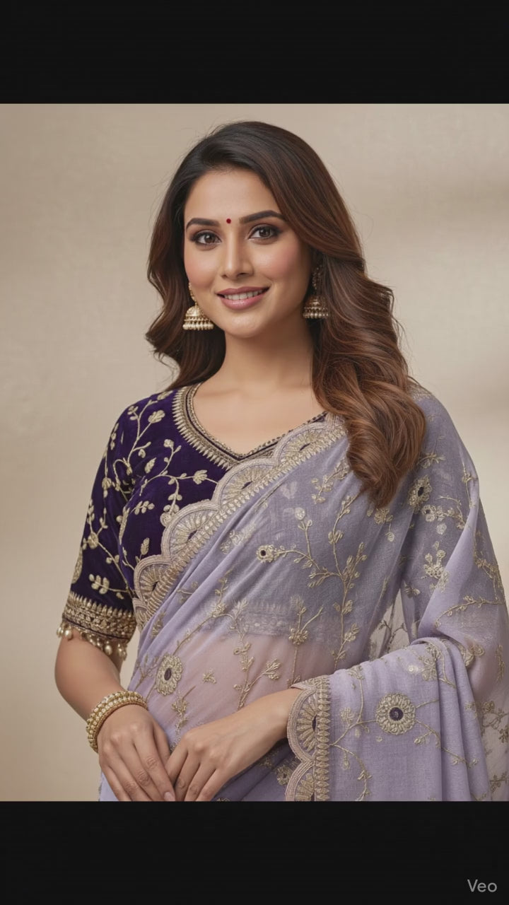 Lavender Color Pure Fendy Satin Silk Heavy Embroidery Work Saree With blouse