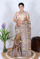 Brown Chikankari Work Pure soft Organza saree