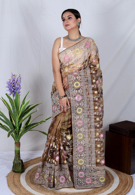 Brown Chikankari Work Pure soft Organza saree