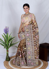 Brown Chikankari Work Pure soft Organza saree