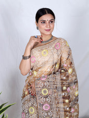 Brown Chikankari Work Pure soft Organza saree