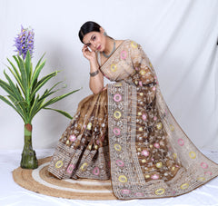 Brown Chikankari Work Pure soft Organza saree