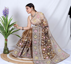 Brown Chikankari Work Pure soft Organza saree