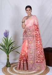 Orange Chikankari Work Pure soft Organza saree