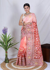 Orange Chikankari Work Pure soft Organza saree