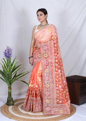 Orange Chikankari Work Pure soft Organza saree