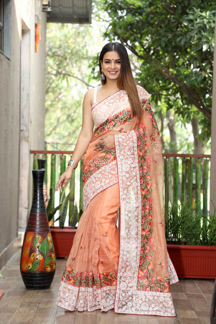 Orange Latest Embroidery Work Design Pure Organza Saree With Blouse