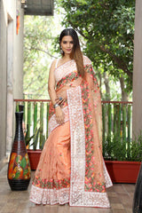 Orange Latest Embroidery Work Design Pure Organza Saree With Blouse