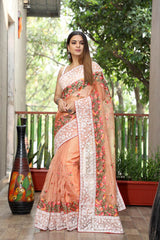 Orange Latest Embroidery Work Design Pure Organza Saree With Blouse