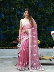 Classic Embroidery Work On Pink Pure Organza Saree