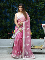 Classic Embroidery Work On Pink Pure Organza Saree