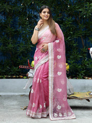 Classic Embroidery Work On Pink Pure Organza Saree