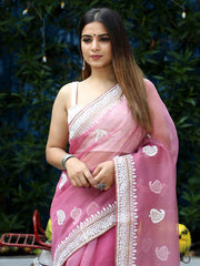 Classic Embroidery Work On Pink Pure Organza Saree