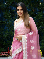 Classic Embroidery Work On Pink Pure Organza Saree