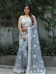 Classic Embroidery Work On Grey  Pure Organza Saree