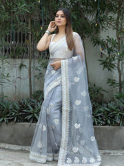 Classic Embroidery Work On Grey  Pure Organza Saree