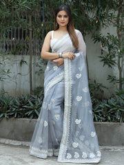 Classic Embroidery Work On Grey  Pure Organza Saree