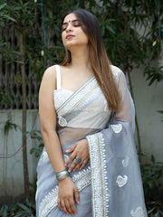 Classic Embroidery Work On Grey  Pure Organza Saree