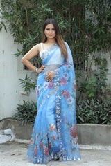 Floral Print Blue Color Handwork Pure Organza Saree