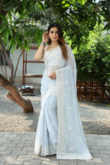 Light Blue Color Lucknow Thread Work Soft Chinon Saree