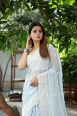 Light Blue Color Lucknow Thread Work Soft Chinon Saree