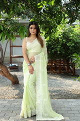 Green Color Lucknow Thread Work Soft Chinon Saree