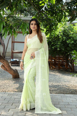 Green Color Lucknow Thread Work Soft Chinon Saree